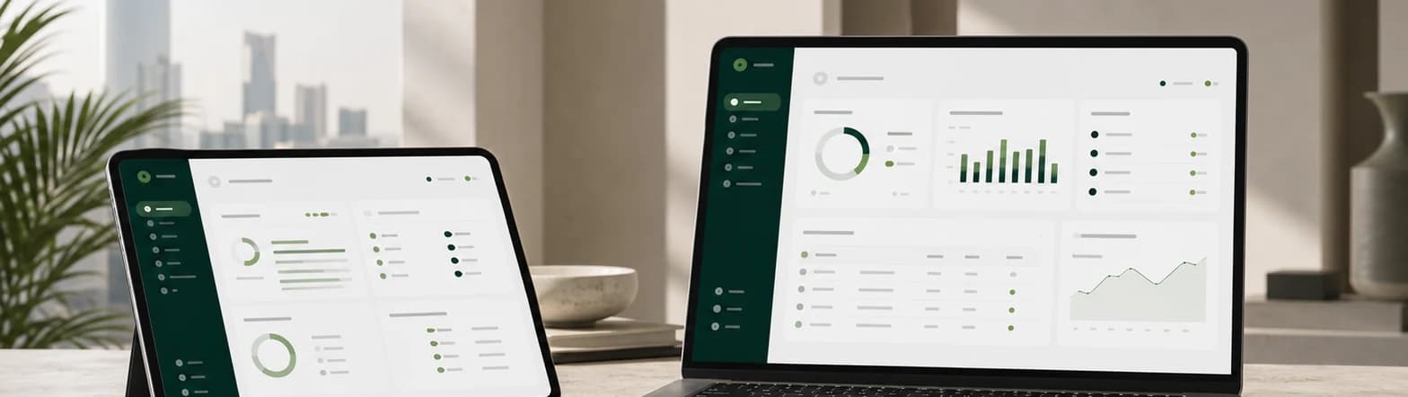 Modern business software dashboard displayed on devices in a Saudi office setting