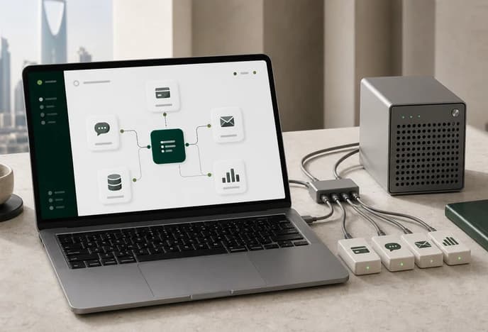 Laptop interface showing connected business systems and integration modules