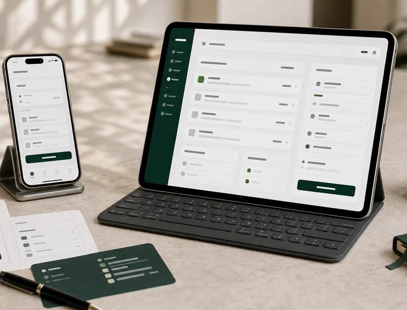 Business application screens on tablet and phone for practical user experience design